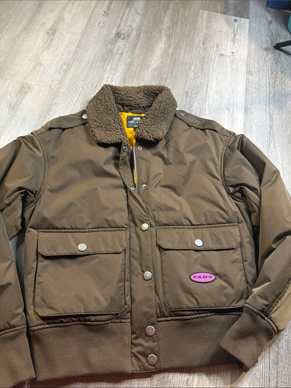 Vans Brown Bomber Jacket with Sherpa Collar and Yellow Lining